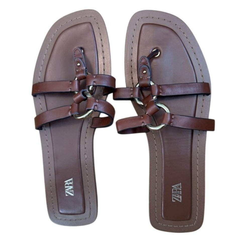 Zara Womens Brown Strappy Flat Sandals Gold Ring Hardware Thong Slides Size 39